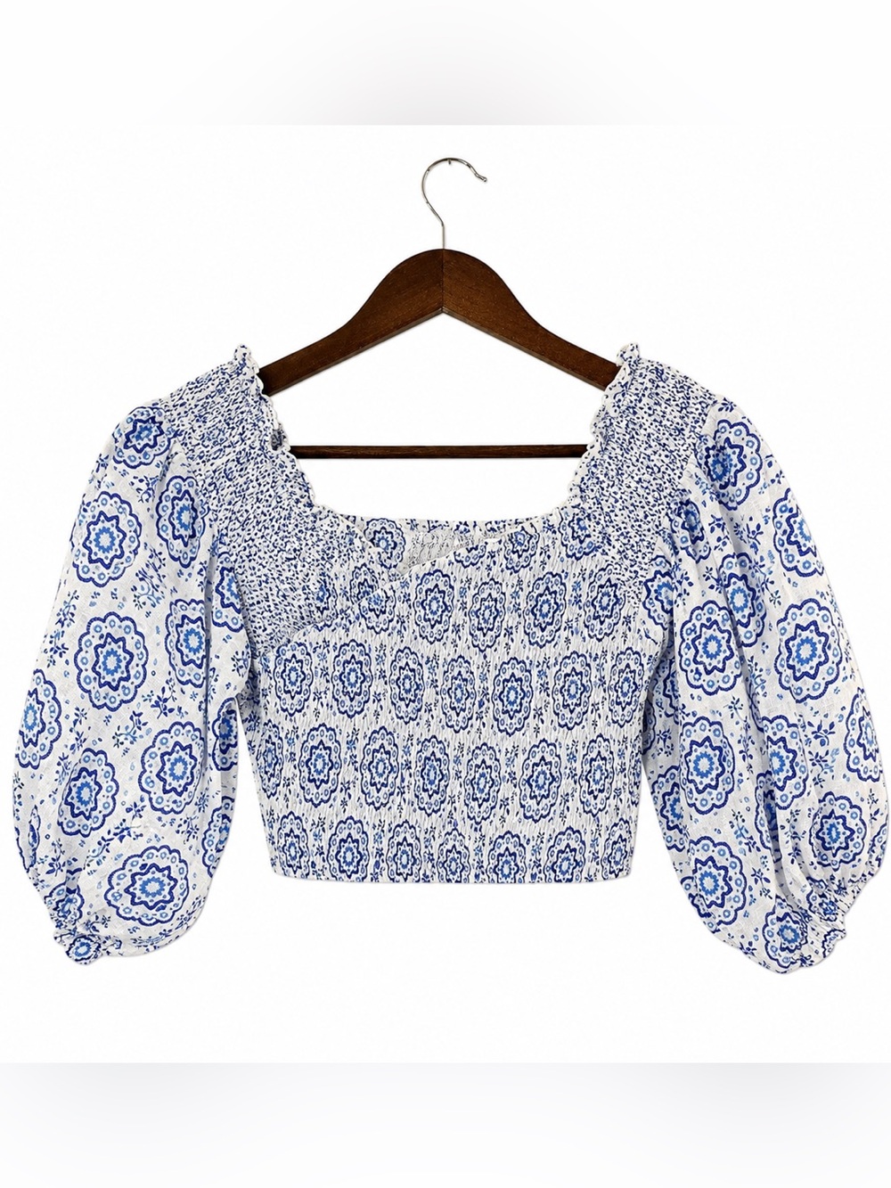 Temptation Positano Blue & White 100% Linen Smocked Puff Sleeve Crop Top Women’s